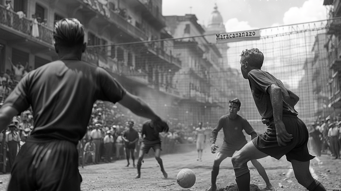 A vintage photorealistic collage of memorable FIFA World Cup moments from 1930 to 2022, showcasing iconic players, stadiums, trophies, and fans celebrating.