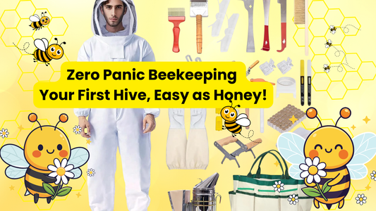 Cheerful cover image for beginner beekeeping starter kit, featuring a beekeeper suit, essential tools, honeycomb graphics, and smiling cartoon bees, with text: 'Zero Panic Beekeeping - Your First Hive, Easy as Honey!'