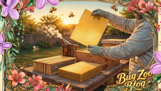 Beekeeper wearing gloves holds a beeswax honeycomb foundation sheet over a work table with stacked wax sheets, hive frames, and a smoking bee smoker in a backyard at golden hour, framed with floral art and subtle bees.