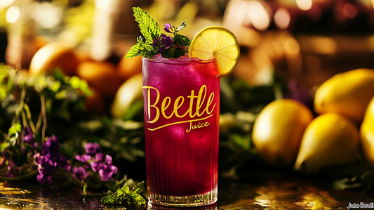 A woman with a healthy glow relaxes in a sunny garden, sipping a colorful, refreshing drink made of fruits and vegetables.