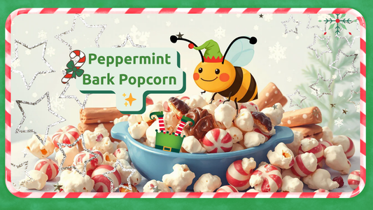 A cheerful cartoon bee wearing an elf hat sits above the bowl, with sparkling star decorations and a candy-cane border framing the scene. The text “Peppermint Bark Popcorn” appears in a green speech-bubble banner.