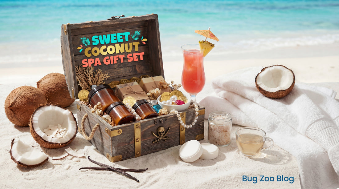 Wooden “Sweet Coconut Spa Gift Set” box on a sandy beach with coconuts, a rolled towel, and a tropical drink beside the ocean.