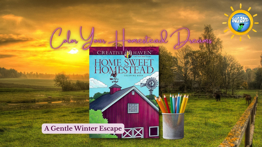 Color Your Homestead Dreams” blog cover image showing the Home Sweet Homestead coloring book centered on a sunset farm background, with a cup of colored pencils beside it and the tagline “A Gentle Winter Escape” below.