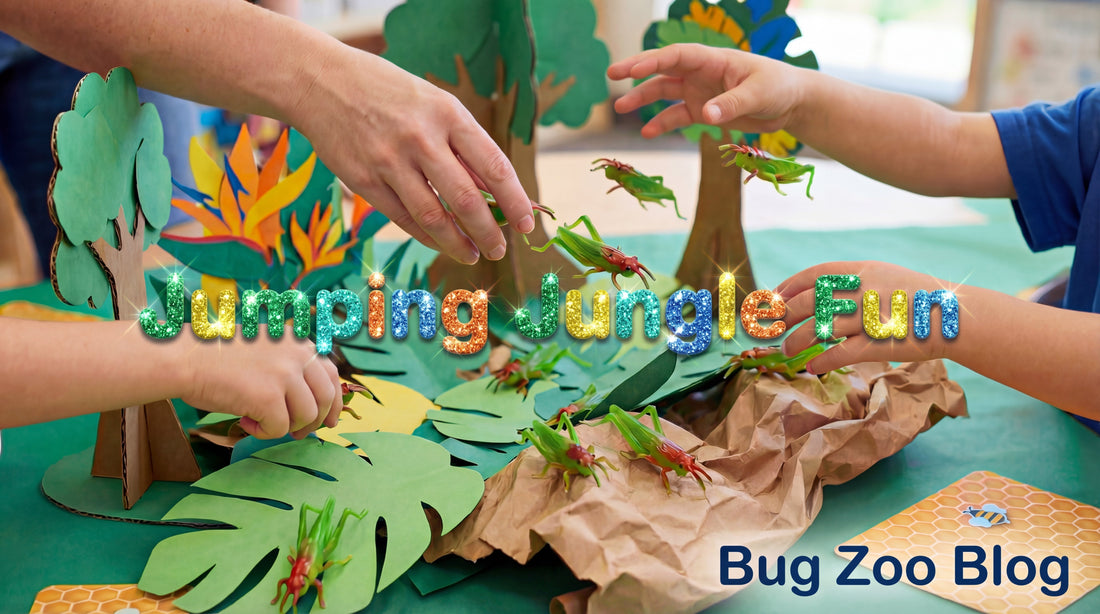 Hands build a paper jungle scene on a table with bright green toy grasshoppers; text reads “Jumping Jungle Fun.”