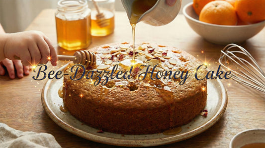Bee-Dazzled Honey Cake on a rustic kitchen table with golden honey syrup being poured over a round cake topped with flaked almonds, surrounded by a whisk, honey jars, and fresh oranges in warm natural light.