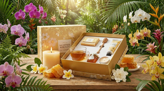 Open gold floral gift box spa set on a wooden tray surrounded by tropical leaves and bright flowers, with a glass cup of honey tea and a candle in warm sunlight.