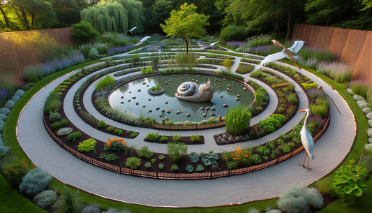 Imagine a meticulously designed garden, crafted to be snail-proof. In the heart of the garden is a circular pond, surrounded by a broad pathway made of a material that snails cannot crawl over. The fl