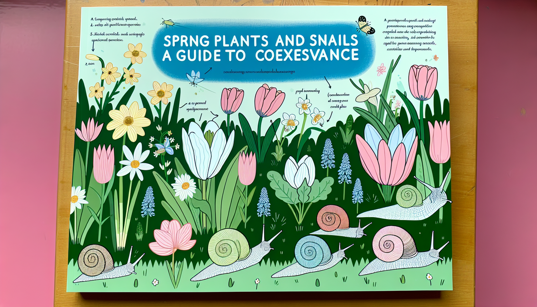 An illustrative guide on coexistence between spring plants and snails. The cover shows a lush green meadow filled with a variety of spring blooms like tulips, daffodils, and hyacinths. The snails of d