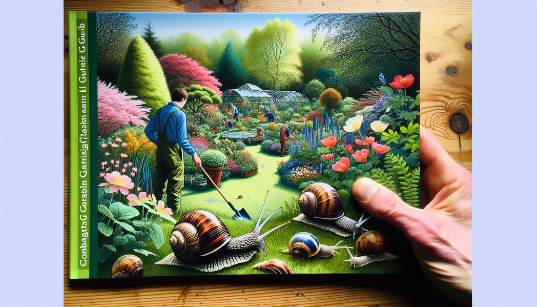 A detailed and informative guide depicting the process of combating common garden pests, specifically snails. The cover illustrates a picturesque spring garden, teeming with lush greenery and colorful