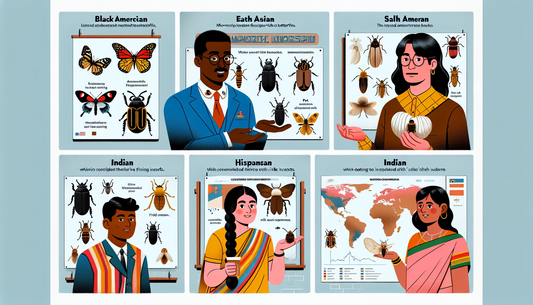 An illustrative infographic highlighting different cultural perspectives on insects around the world. Include a Black entomologist presenting the North American fascination with butterflies, an East A