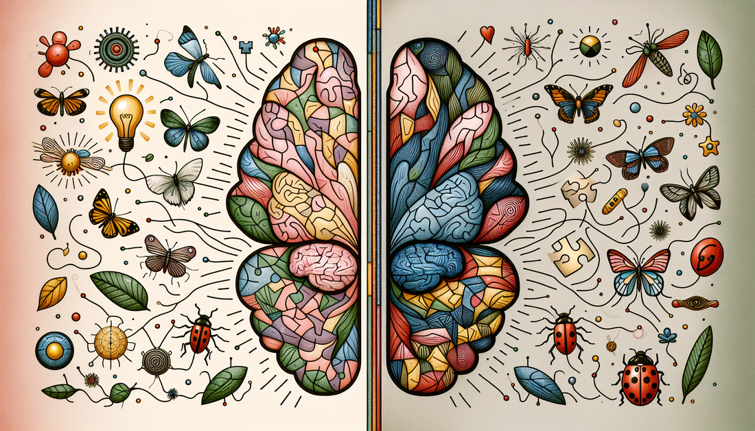 Intricate illustration of two distinct elements interlinked. One segment represents mental health, characterized by symbols such as a brain, light bulb, puzzle pieces and a heart, all in soft, calming