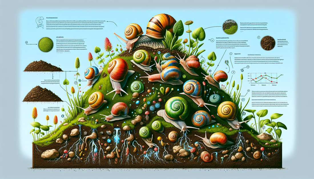 An educational image showcasing the vital connection between snails and soil health. In this image, a group of vibrant and detailed snails of different sizes are actively interacting with a rich, heal