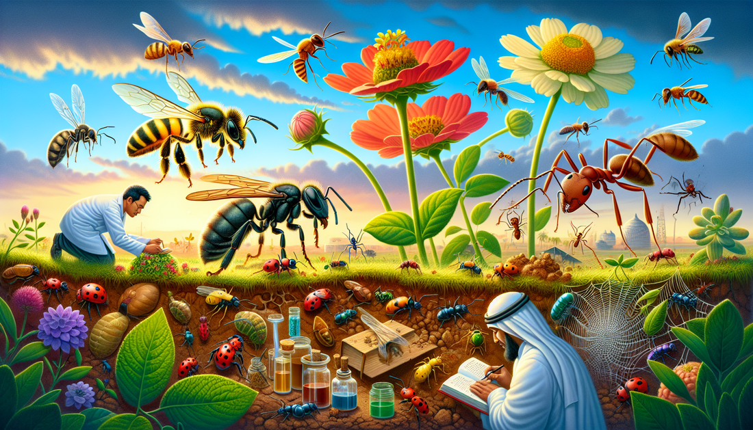 A diverse insect ecosystem featuring a variety of bugs each performing their crucial roles, set against a backdrop of thriving vegetation. In the foreground, a bee, signifying pollination, is hovering