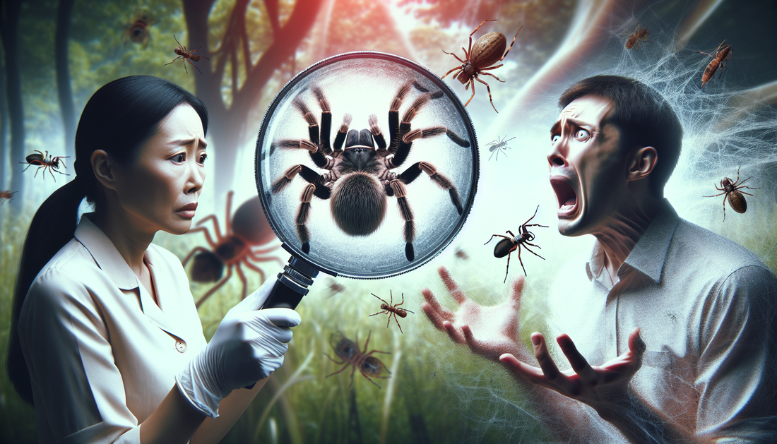 An image that visually represents the concept of Entomophobia, or the fear of insects. In the centre of the image, a magnifying glass held by an Asian woman highlights a large, daunting spider. Surrou