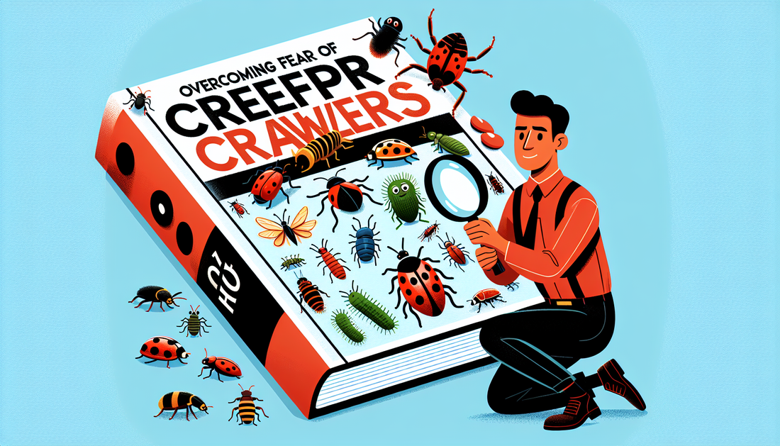 An engaging scene depicting the cover of a guidebook titled 'Overcoming Fear of Creepy Crawlers'. The book cover features a bold, eye-catching title at the top, while the background displays a variety