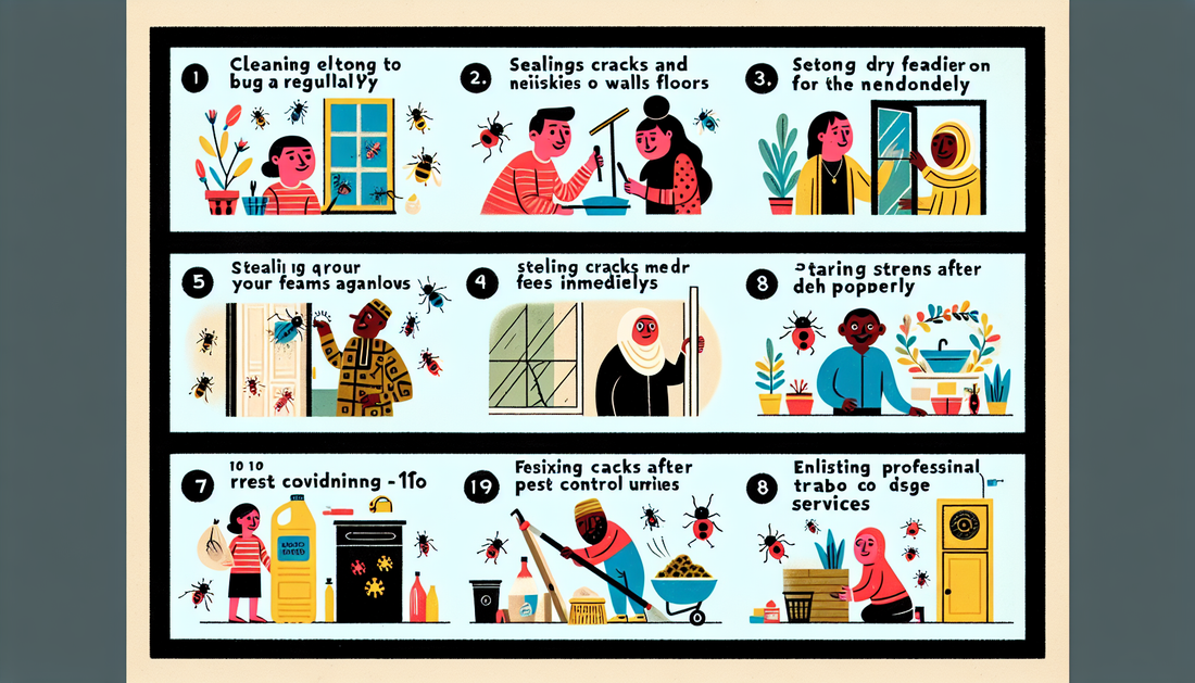 A playful illustration represents 10 essential tips for maintaining a bug-free home. One tip could show a person, possibly a South Asian male, cleaning regularly. Another tip could depict a female of 