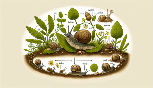 Illustrate an informative image about the life cycle of a common garden snail. Details should include the various stages from egg, to hatchling, to juvenile, to adult snail. The environment should ref