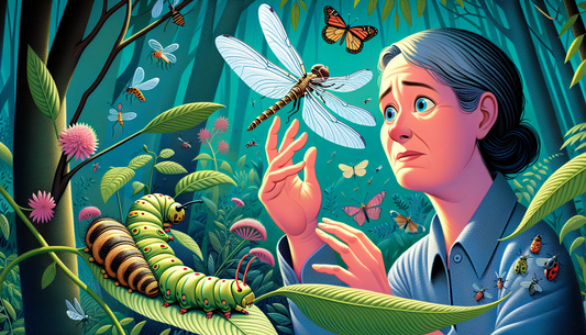 A vivid illustration of a person conquering their fear of bugs. The person is a middle-aged Caucasian woman, bravely reaching out her hand to gently touch a large, harmless dragonfly gently resting on