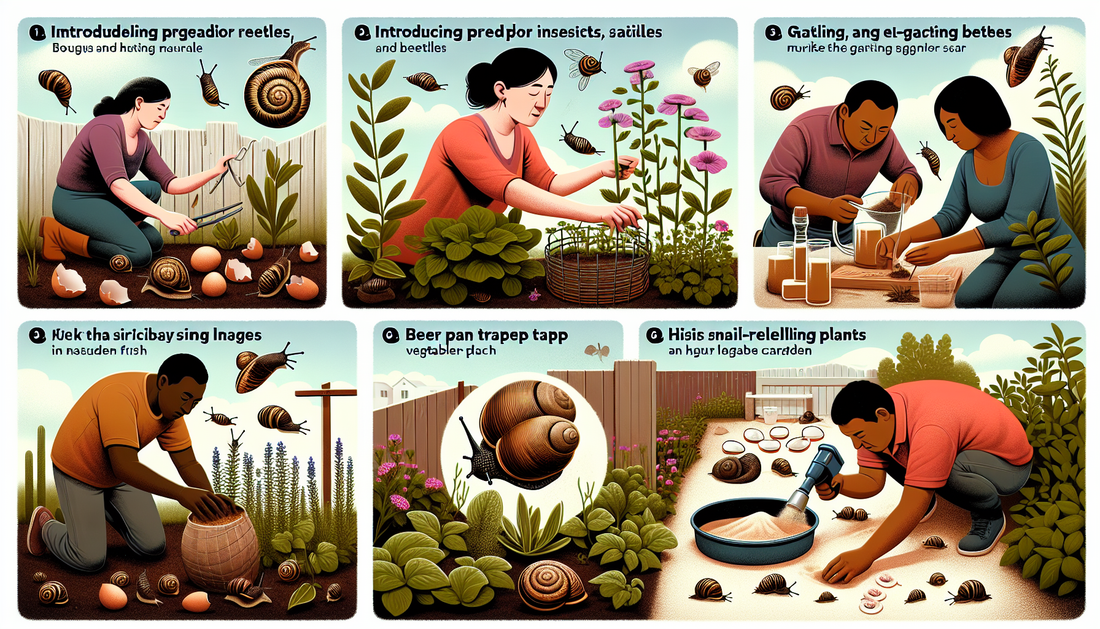 Illustrate a visual guide of five natural methods for controlling snails in a garden. The first image depicts a Caucasian woman introducing predator insects, such as beetles, into her flowerbed. The s