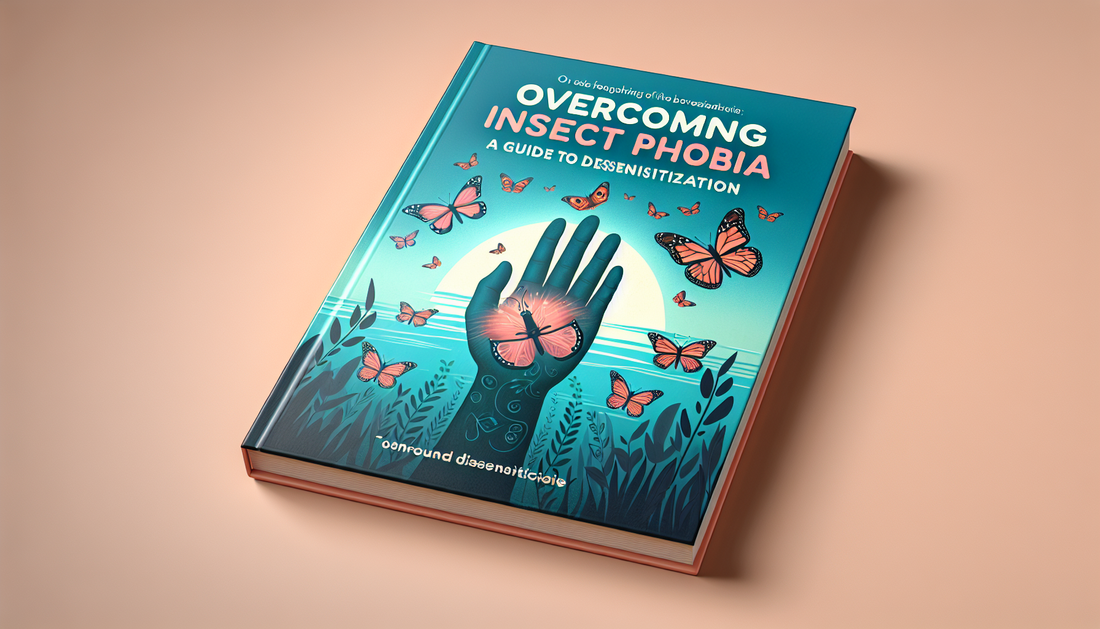 Visualization of a self-help guide that provides step-by-step strategies to overcome insect phobia through desensitization. The cover of the guide features a stylized image of butterflies fluttering a