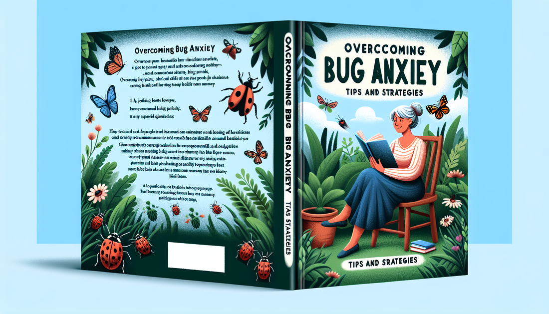 An illustrated book cover for a self-help guide titled 'Overcoming Bug Anxiety: Tips and Strategies'. The cover depicts a peaceful scene where a middle-aged Caucasian woman is reading a book peacefull
