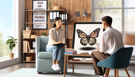 Image depicting a serene scene illustrating a person's journey in overcoming their fear of insects. Portray a psychologist's office with a South Asian female psychologist showing a Caucasian male pati