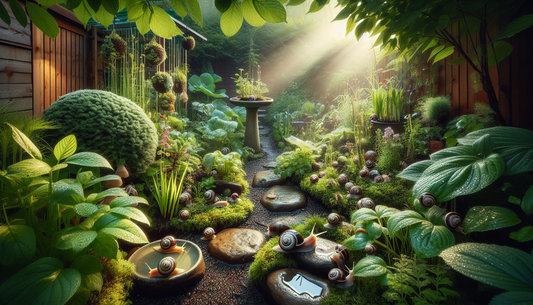 A serene garden specifically designed to be a haven for snails. Numerous plants thrive in this lush environment, their leaves dew-kissed, welcoming these slow-paced creatures. There are carefully plac