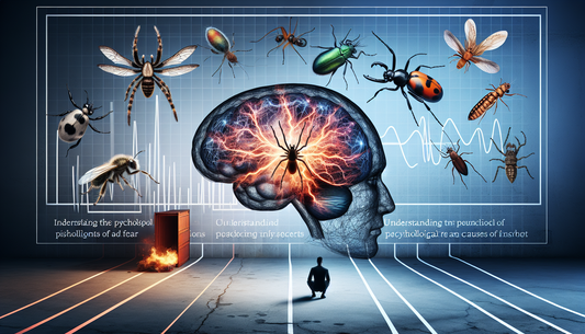 A thought-provoking concept visual representation of understanding the psychological causes of insect fear. Imagine an abstract scene where a human brain is in the forefront, symbolising psychology. I