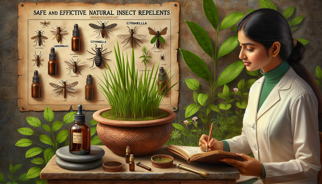 Imagine an earthy scene representing natural insect repellents. The main focus is on lemongrass and citronella plants, known for their insect-repelling properties. Both plants are flourishing within a