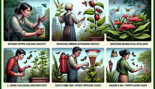 A detailed image representing effective non-toxic bug control methods. Show several techniques like introducing predatory insects, using homemade natural repellents, and creating bug-trapping plants. 