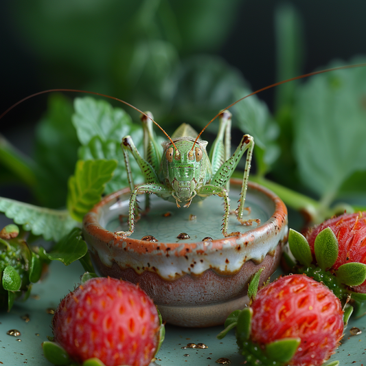 A whimsical kitchen scene where a chef wearing an apron illustrated with vibrant katydids is baking cookies shaped like katydids using kudzu leaves as the main ingredient, with the finished cookies displayed on a charming plate.