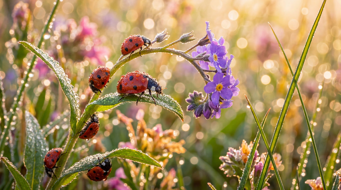 Several ladybugs crawl on dew-covered stems beside a purple wildflower in warm morning sunlight.