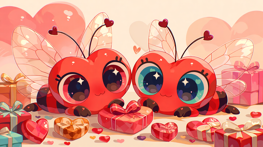 Two cute cartoon love bugs with heart-shaped red bodies, big sparkly eyes, and heart-tipped antennae surrounded by Valentine's Day gift boxes and heart decorations