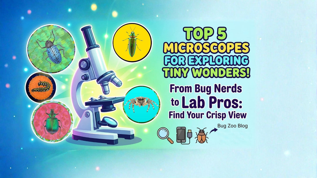 Bug Zoo cover graphic with an illustrated microscope, colorful bug and insect circles, and the headline “Top 5 Microscopes for Exploring Tiny Wonders - From Bug Nerds to Lab Pros: Find Your Crisp View.”