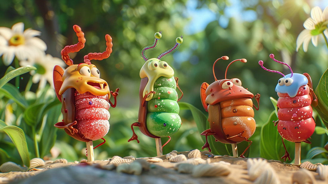 A colorful illustration of smiling families making homemade ice cream and popsicles in a sunlit kitchen, surrounded by fresh fruits and eco-friendly, reusable molds.