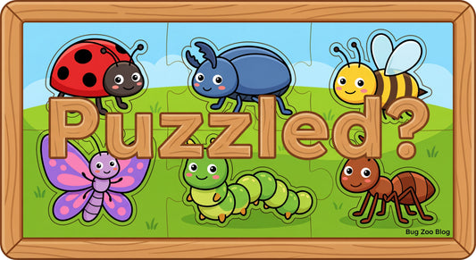 Cartoon wooden puzzle frame with the word “Puzzled?” and smiling insects (ladybug, beetle, bee, butterfly, caterpillar, ant) on a grassy background.