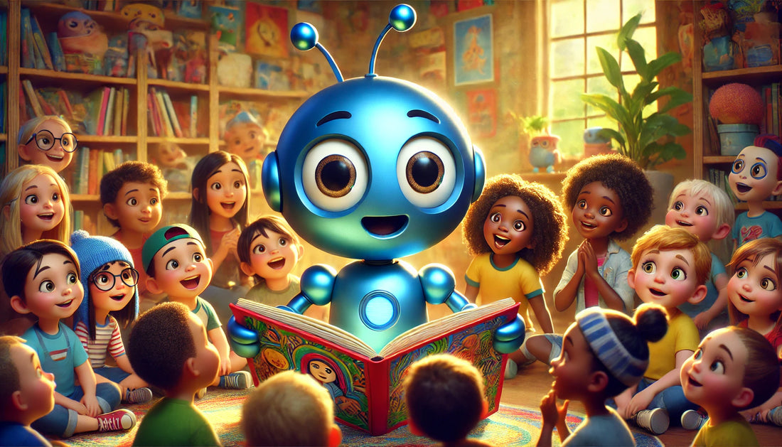 A whimsical robot holding a glowing pen, writing a storybook with colorful, imaginative illustrations, while happy children and animals listen attentively.