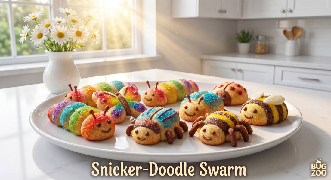 Plate of colorful snickerdoodle cookies decorated like a swarm of bugs on a bright kitchen counter, with the words "Snicker-Doodle Swarm" on the image.