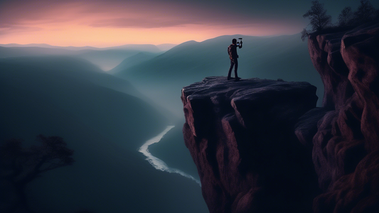 An eerie photograph of a person holding a camera, delicately balancing on the edge of an ominous cliff, surrounded by a breathtaking yet dangerous wilderness at twilight.