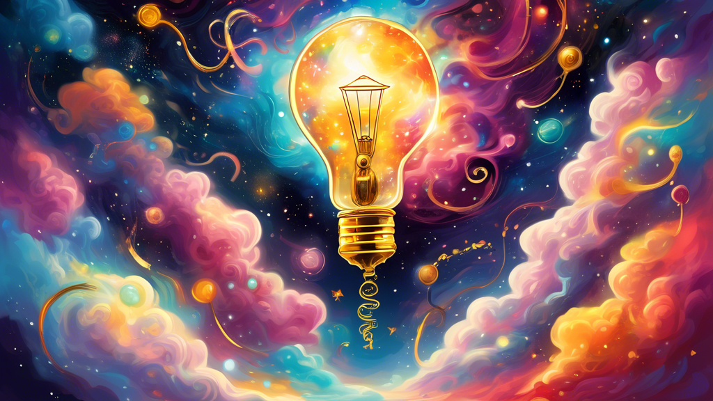 An imaginative mind floating in space, unlocking a giant, luminous lightbulb with a golden key, surrounded by swirling galaxies and colorful nebulae, symbolizing the power of creative thinking.