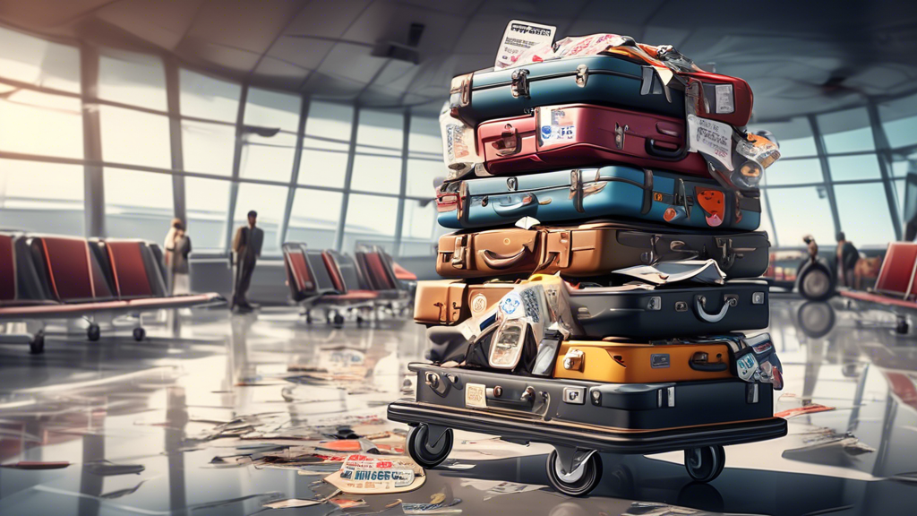 A messy, overcrowded luggage trolley abandoned at a busy airport terminal with various travel stickers and a broken wheel, in a photorealistic style.