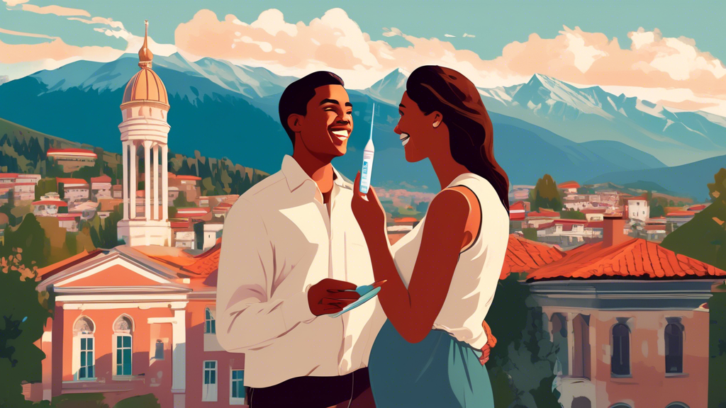 A young couple looking at a positive pregnancy test with a mix of surprise and joy, with the picturesque backdrop of the Republic of Georgia’s mountains and traditional architecture.