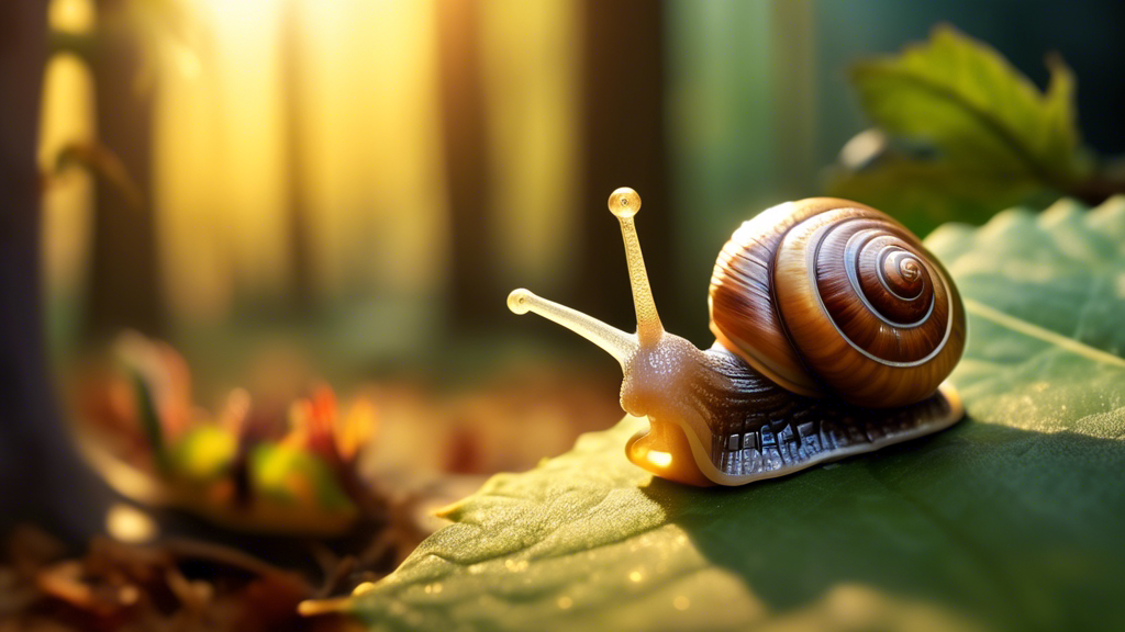 A serene, picturesque garden at dusk, with a close-up of a wise, smiling snail on a vibrant leaf, sharing its wisdom with a group of attentive, miniature woodland creatures, all bathed in soft, golden sunlight filtering through the trees.
