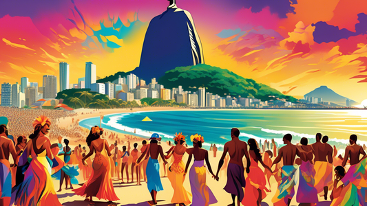 DALL-E prompt:

A vibrant, colorful panorama of Rio de Janeiro featuring Christ the Redeemer statue atop Corcovado mountain, Sugarloaf Mountain, Copacabana beach with sunbathers, and samba dancers in 