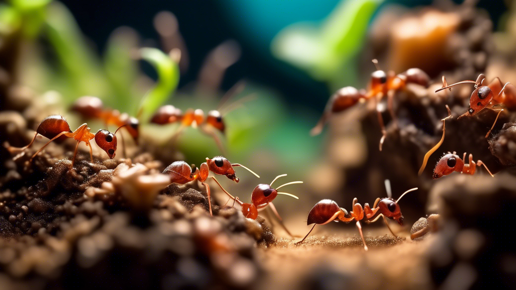 High-resolution photograph of a vibrant, detailed ant farm ecosystem, showcasing various ants at work, with insight into their tunnels and chambers, using a macro lens technique, all against a blurred natural background for context.