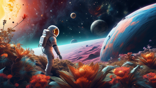 An astronaut planting a futuristic flag on an uncharted exoplanet with a diverse array of alien vegetation, under a galaxy-filled sky, showcasing humanity's next leap in space exploration.