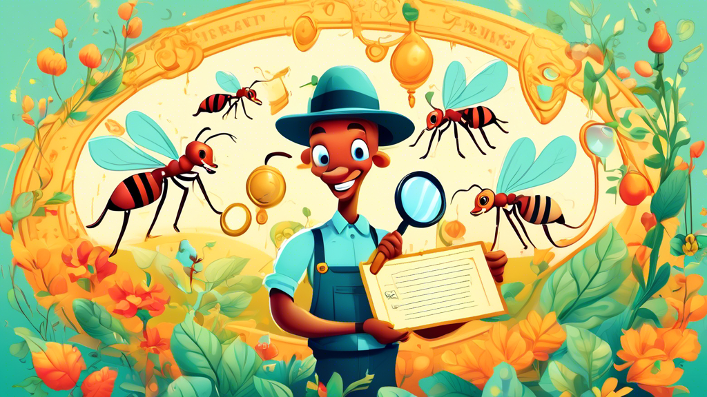 An illustration of an ant farmer holding a magnifying glass and a golden key, surrounded by flourishing ant farms and floating grant certificates, in a whimsical, colorful style.