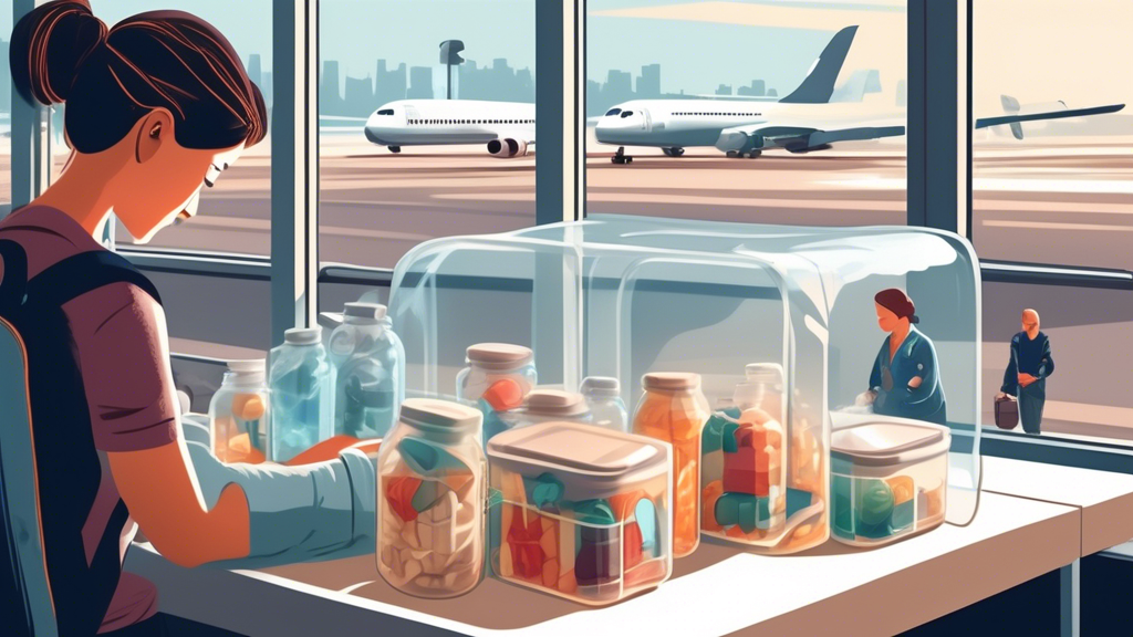 A traveler carefully packing vitamins into a transparent, TSA-approved bag at a bustling airport, with airplanes visible through the window in the background.