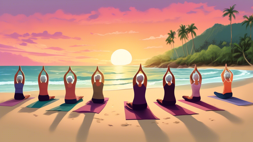 A serene and vibrant image of a group of elderly people doing yoga on a beautiful, secluded beach at sunset in Costa Rica, with lush tropical forests in the background and the phrase Pura Vida written in the sand.