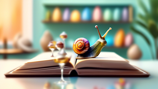 A photorealistic image of a hand holding a glass snail figurine, with a shelf full of various snail figurines blurred in the background.